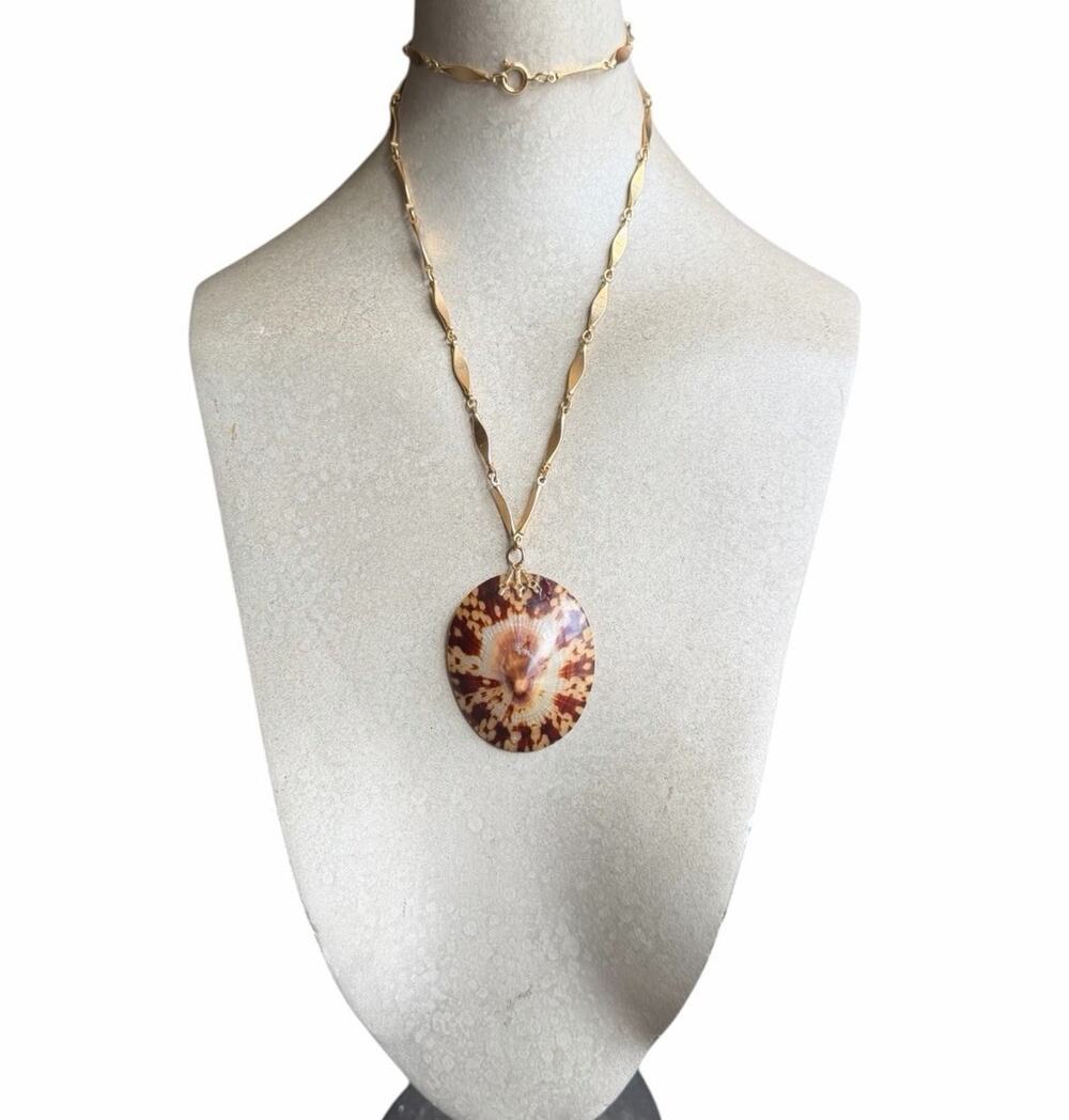 Vintage Statement Disc Pendant Necklace Gold Tone Chain Large Round Boho Retro